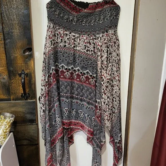 BOHO ASYMETRICAL STRAPLESS TOP FAIRY DRESS SZ L - Picture 2 of 5